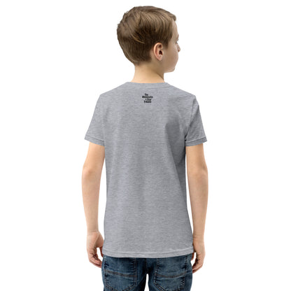 Back view of youth sized grey crew neck t-shirt with a small Minnesota Star Tribune logo on the upper back of shirt. 