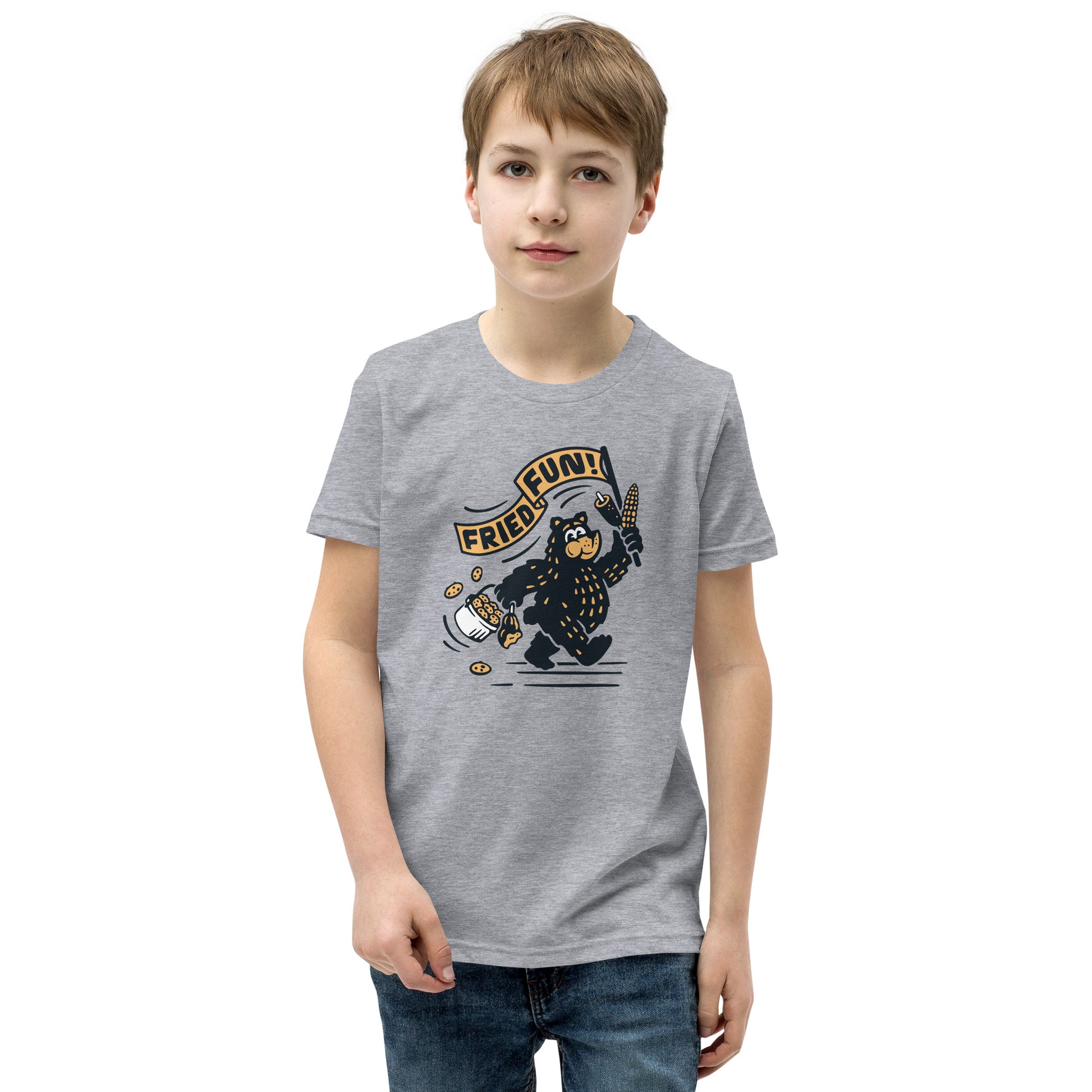 Front view of grey soft style tshirt with Fair Bear "Fried Fun!" graphic. Design includes cartoon bear with cookies, corn dog, and roasted corn. 