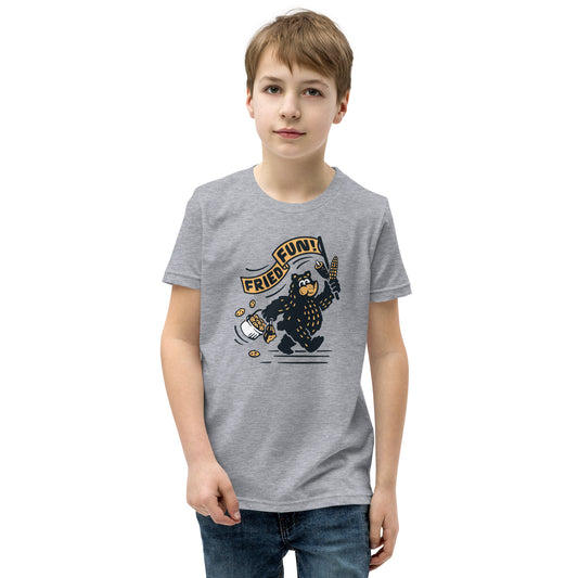 Front view of grey soft style tshirt with Fair Bear "Fried Fun!" graphic. Design includes cartoon bear with cookies, corn dog, and roasted corn. 