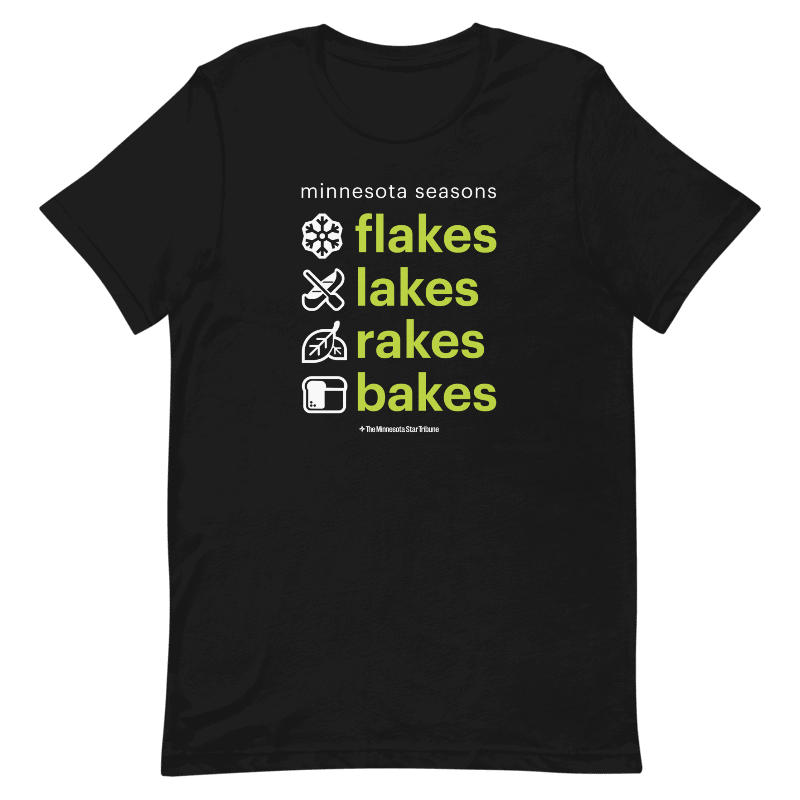 Minnesota Seasons - Flakes Lakes Rakes Bakes T-shirt