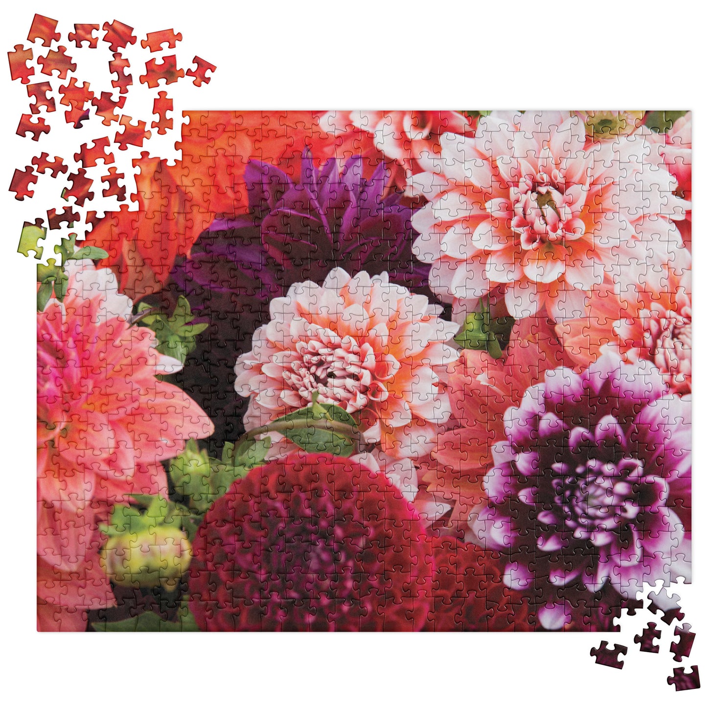 Floral puzzle with a partially completed design on a white background