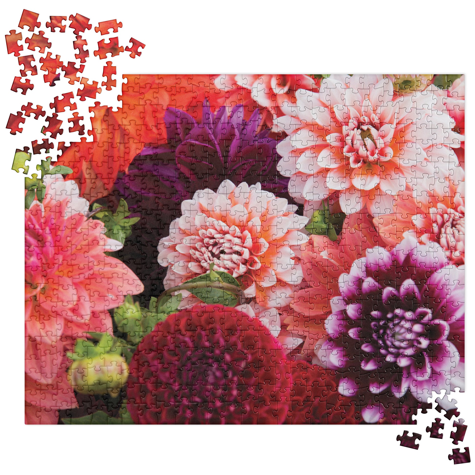 Floral puzzle with a partially completed design on a white background