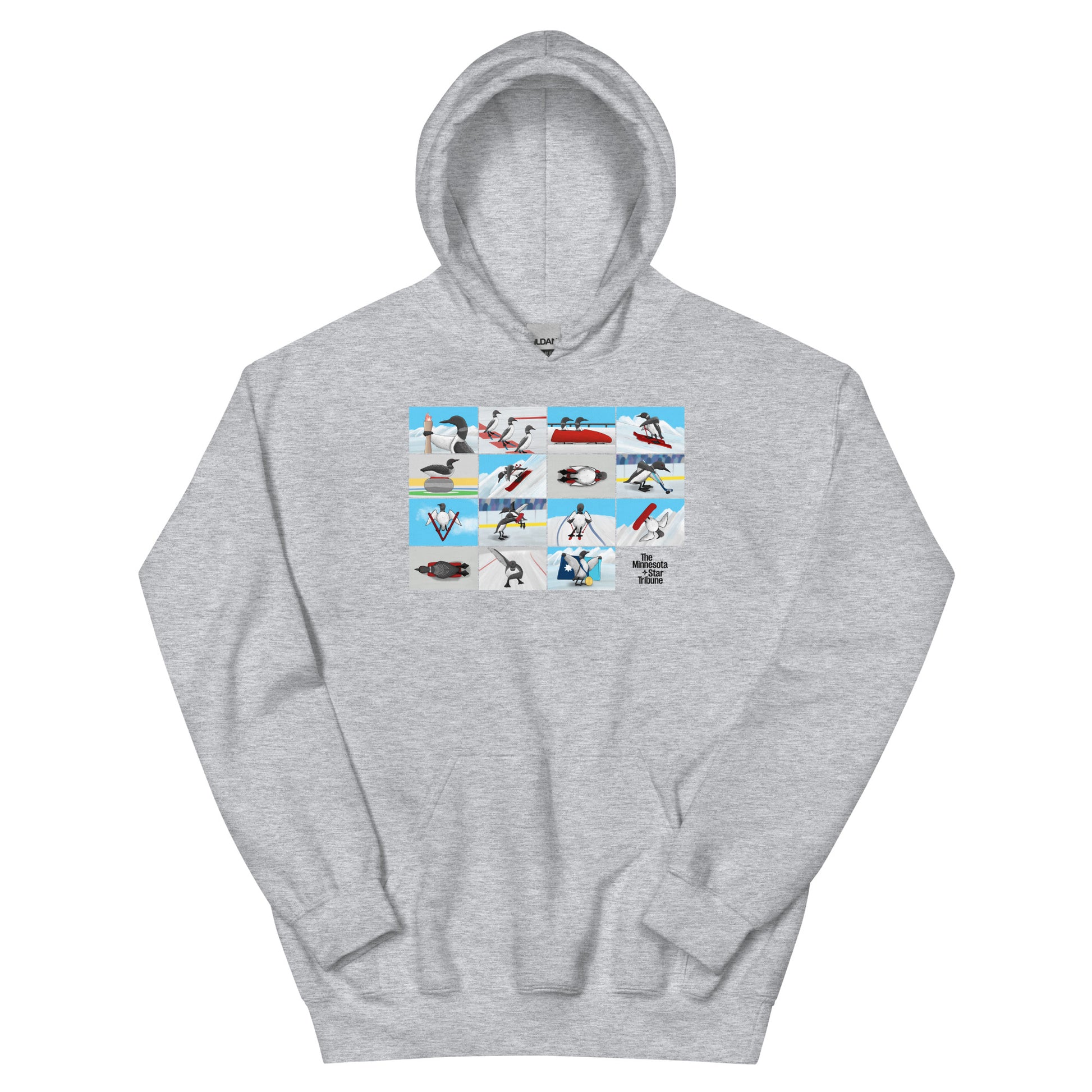 Grey hoodie featuring illustration with loons competing in winter Olympic sports, inspired by Minnesota athletes at the 2026 Winter Olympics in Milan, Italy.