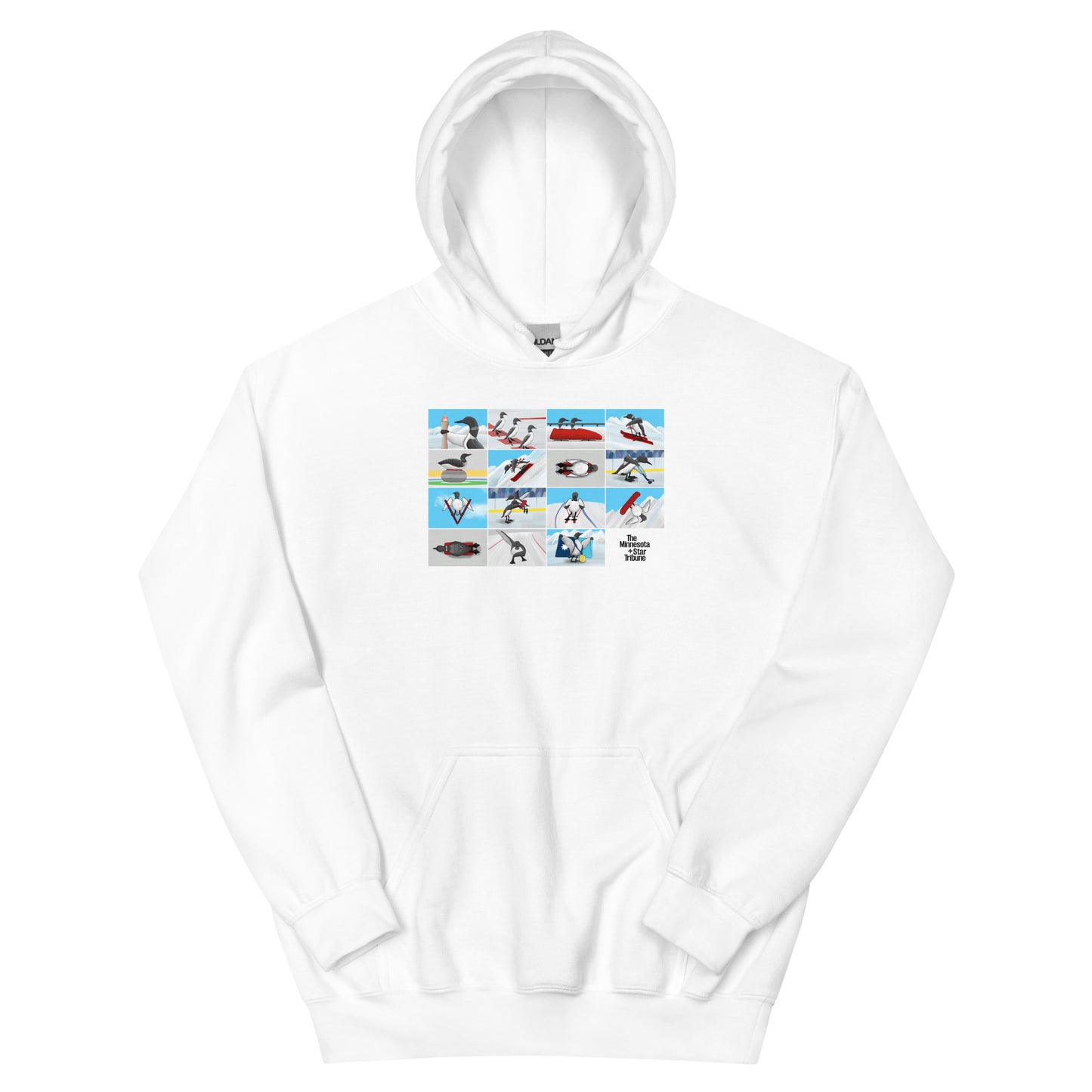 Whtie hoodie featuring illustration with loons competing in winter Olympic sports, inspired by Minnesota athletes at the 2026 Winter Olympics in Milan, Italy.