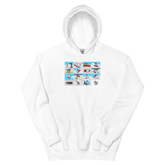Whtie hoodie featuring illustration with loons competing in winter Olympic sports, inspired by Minnesota athletes at the 2026 Winter Olympics in Milan, Italy.