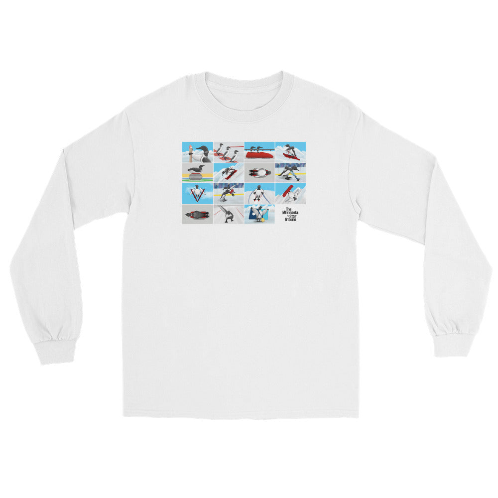 Whtie long sleeve shirt featuring illustration with loons competing in winter Olympic sports, inspired by Minnesota athletes at the 2026 Winter Olympics in Milan, Italy.