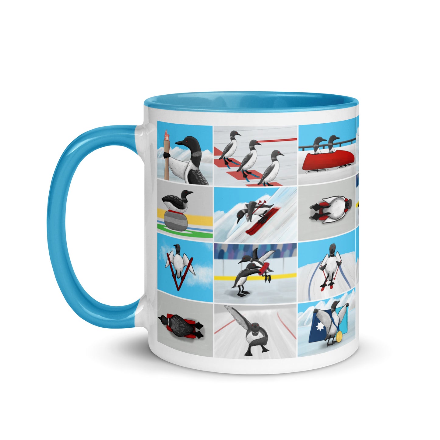 Left side view of a mug with a blue interior and handle featuring images of loons competing in winter Olympic sports including curling, figure skating, speed skating, and alpine skiing. 