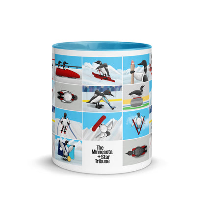 Ceramic mug illustrated with loons competing in winter Olympic sports, inspired by Minnesota athletes at the 2026 Winter Olympics in Milan, Italy.