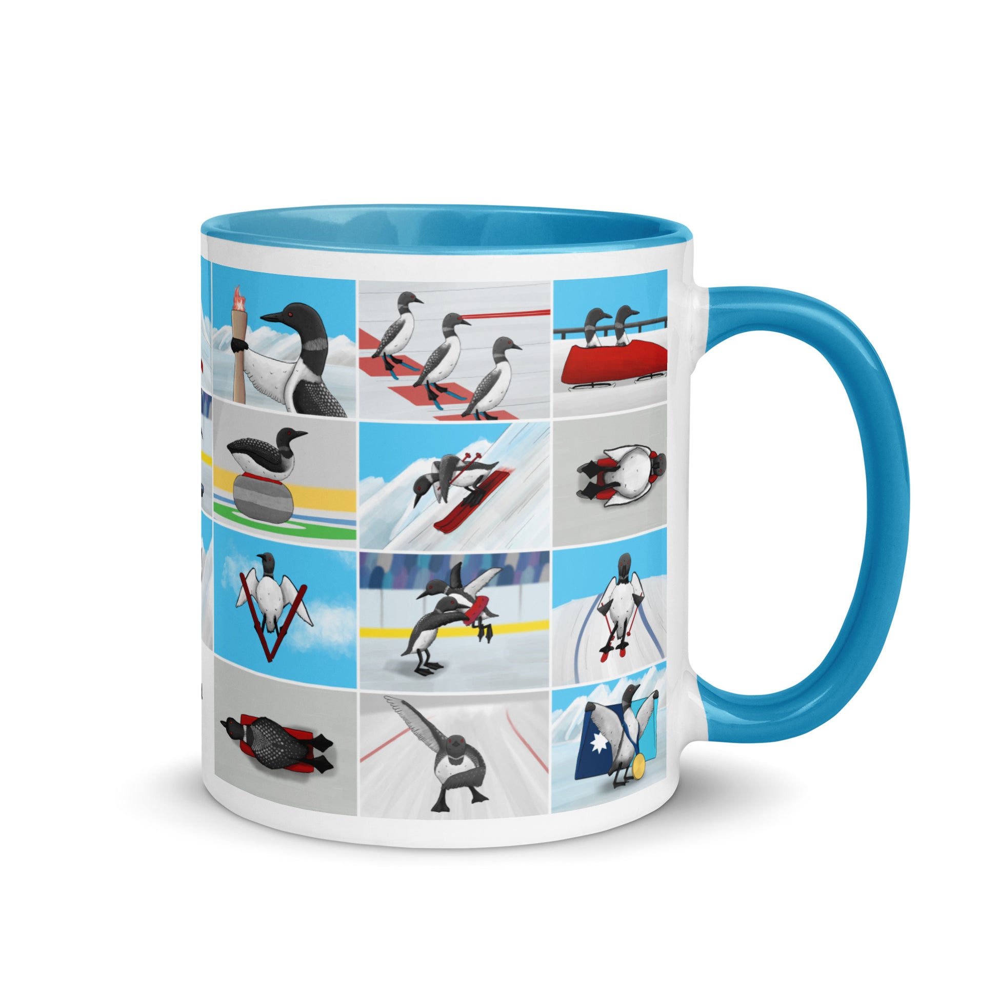 Right side view of a mug with a blue interior and handle featuring images of loons competing in winter Olympic sports including biathlon, bobsledding, hockey, and snowboarding.