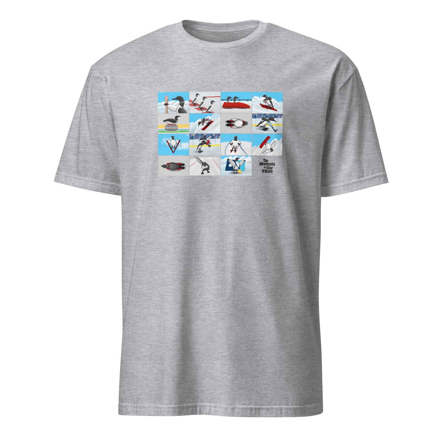 Grey T-Shirt featuring illustration with loons competing in winter Olympic sports, inspired by Minnesota athletes at the 2026 Winter Olympics in Milan, Italy.