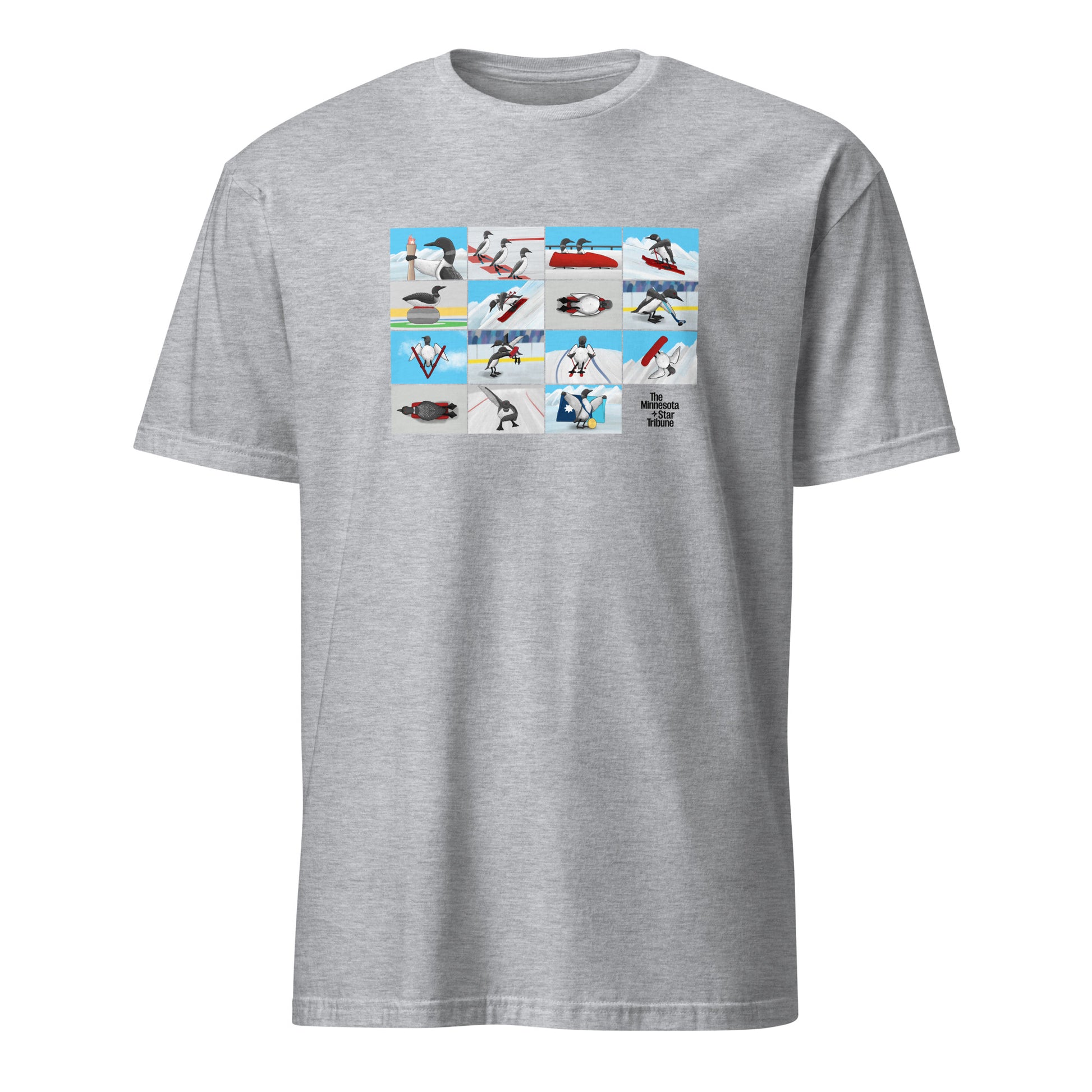 Grey T-Shirt featuring illustration with loons competing in winter Olympic sports, inspired by Minnesota athletes at the 2026 Winter Olympics in Milan, Italy.