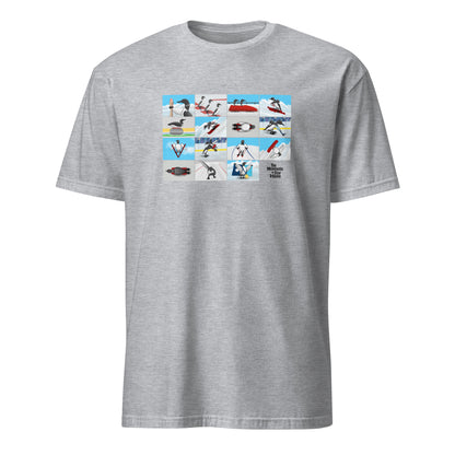 Grey T-Shirt featuring illustration with loons competing in winter Olympic sports, inspired by Minnesota athletes at the 2026 Winter Olympics in Milan, Italy.