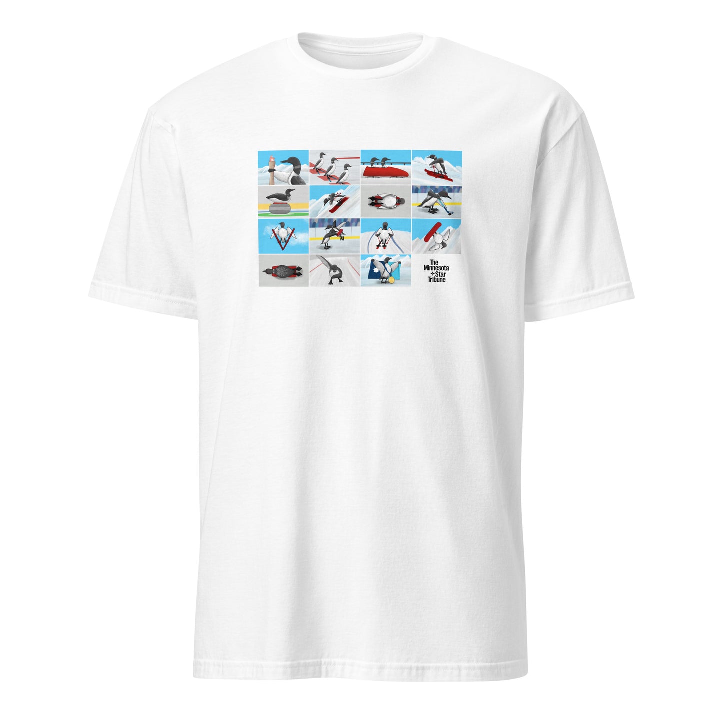 Whtie T-Shirt featuring illustration with loons competing in winter Olympic sports, inspired by Minnesota athletes at the 2026 Winter Olympics in Milan, Italy.