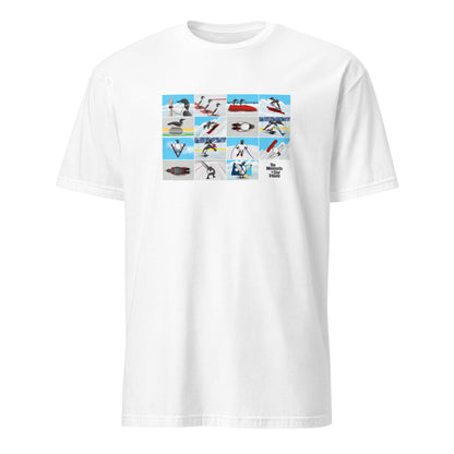 Whtie T-Shirt featuring illustration with loons competing in winter Olympic sports, inspired by Minnesota athletes at the 2026 Winter Olympics in Milan, Italy.