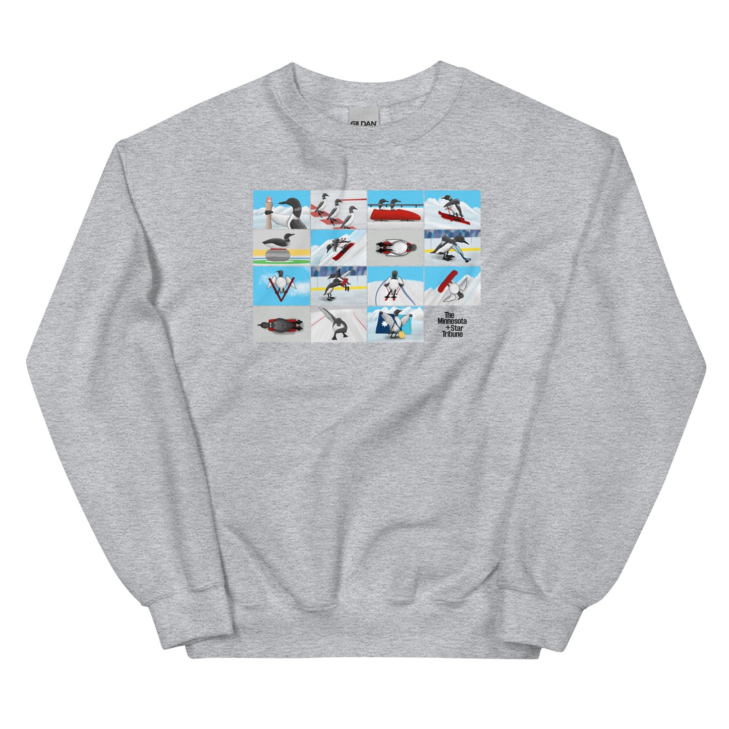 Grey sweatshirt featuring illustration with loons competing in winter Olympic sports, inspired by Minnesota athletes at the 2026 Winter Olympics in Milan, Italy.
