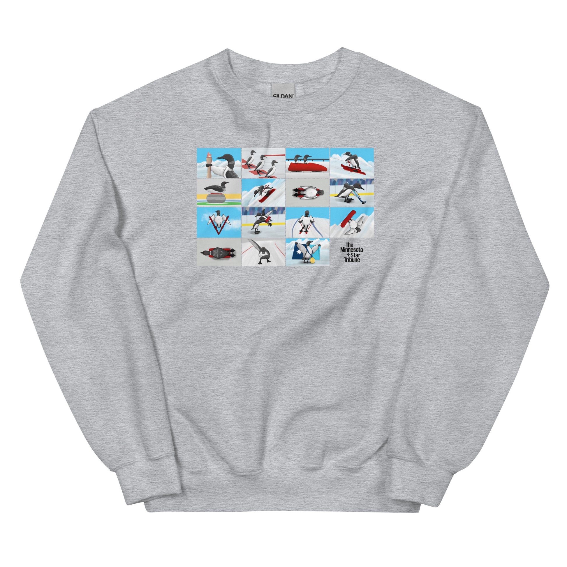 Grey sweatshirt featuring illustration with loons competing in winter Olympic sports, inspired by Minnesota athletes at the 2026 Winter Olympics in Milan, Italy.