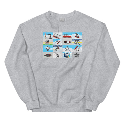 Grey sweatshirt featuring illustration with loons competing in winter Olympic sports, inspired by Minnesota athletes at the 2026 Winter Olympics in Milan, Italy.