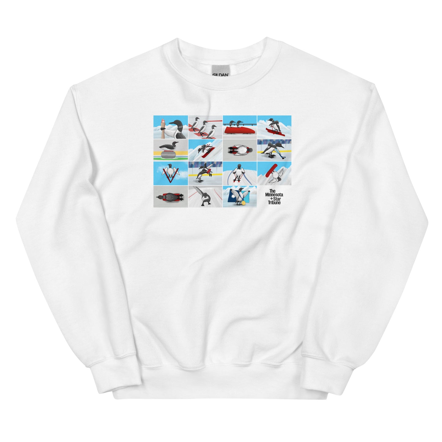 Whtie sweatshirt featuring illustration with loons competing in winter Olympic sports, inspired by Minnesota athletes at the 2026 Winter Olympics in Milan, Italy.
