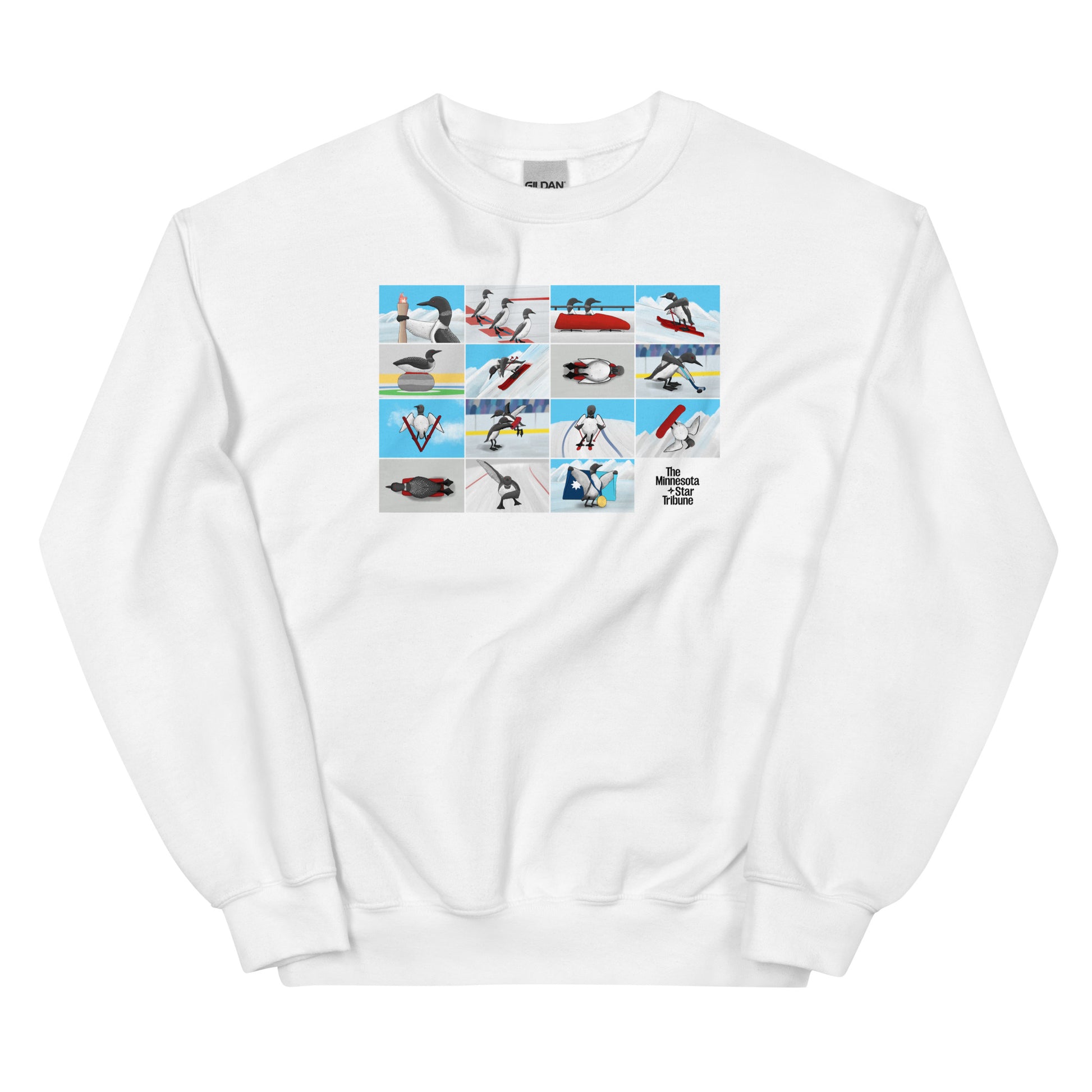 Whtie sweatshirt featuring illustration with loons competing in winter Olympic sports, inspired by Minnesota athletes at the 2026 Winter Olympics in Milan, Italy.