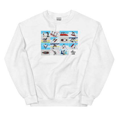 Whtie sweatshirt featuring illustration with loons competing in winter Olympic sports, inspired by Minnesota athletes at the 2026 Winter Olympics in Milan, Italy.