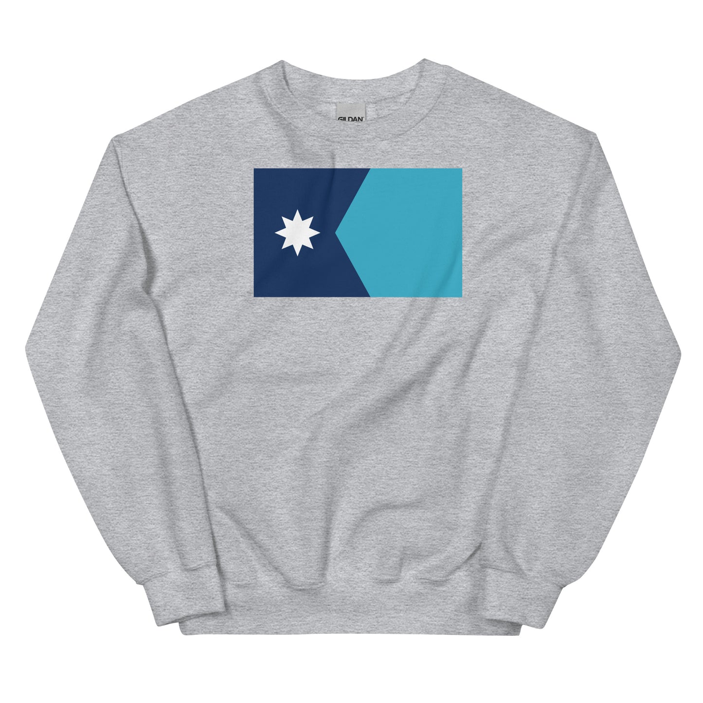 A grey sweatshirt featuring the 2024 Redesigned Minnesota State Flag.