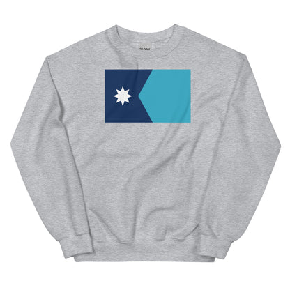 A grey sweatshirt featuring the 2024 Redesigned Minnesota State Flag.