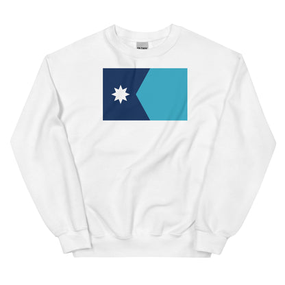 A white sweatshirt featuring the 2024 Redesigned Minnesota State Flag.
