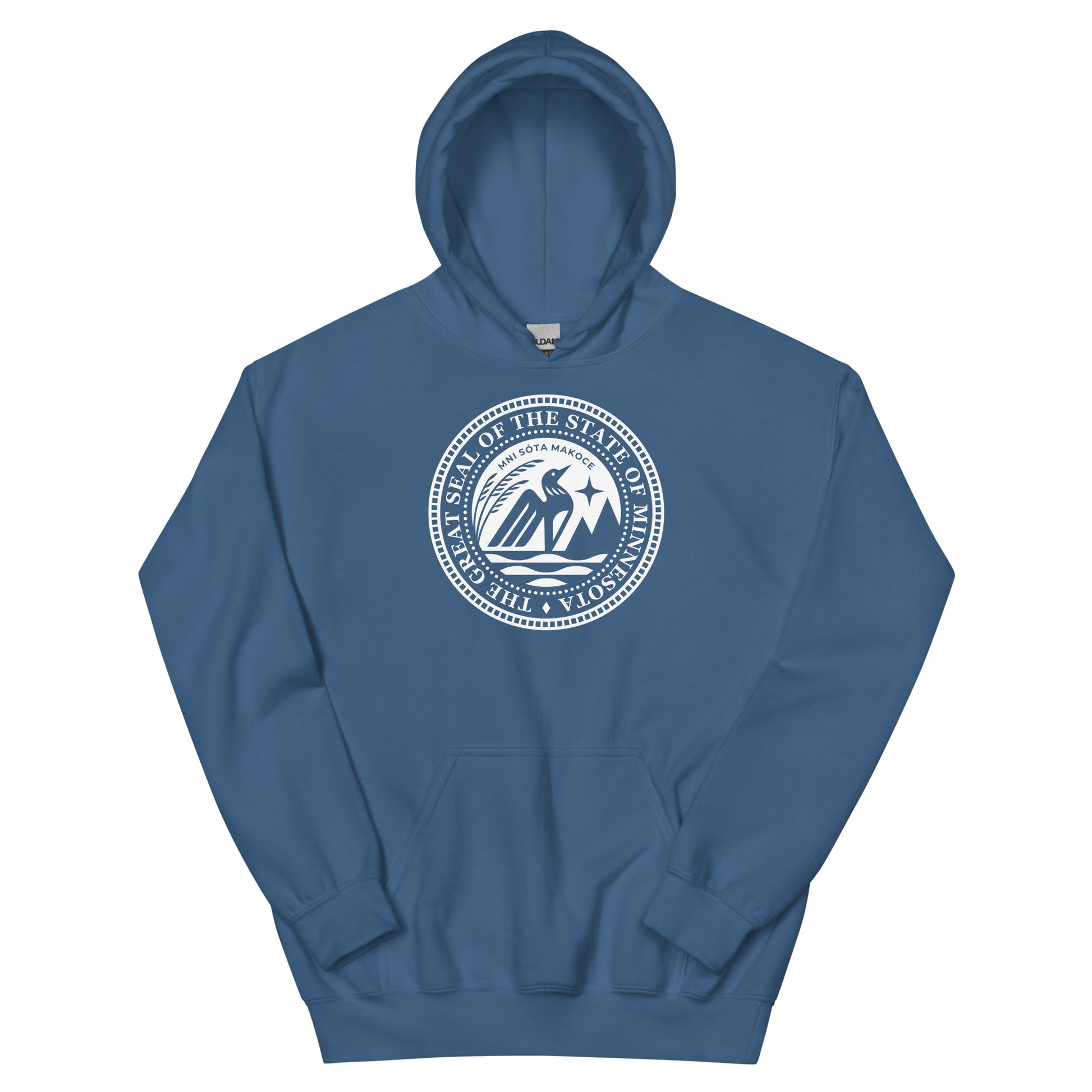 Indigo blue hoodie with the 2024 redesigned Minnesota State Seal in white on the front. 