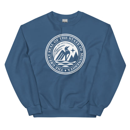 Indigo Blue sweatshirt with the 2024 redesigned Minnesota State Seal in white on the front. 