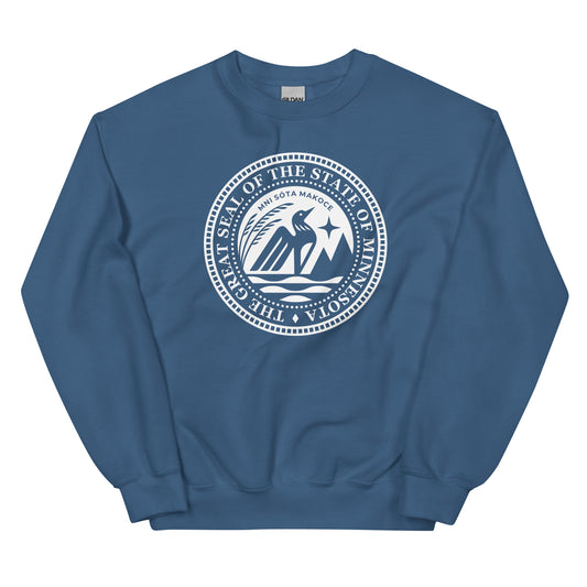 Indigo Blue sweatshirt with the 2024 redesigned Minnesota State Seal in white on the front. 