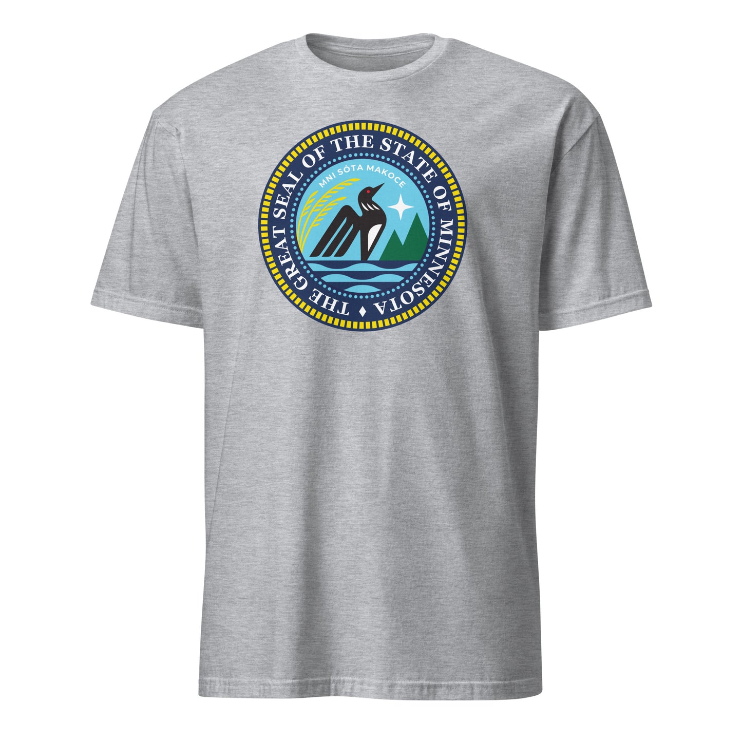 Grey T-shirt featuring the 2024 redesigned Minnesota State Seal with a loon, wild rice, and the North Star.