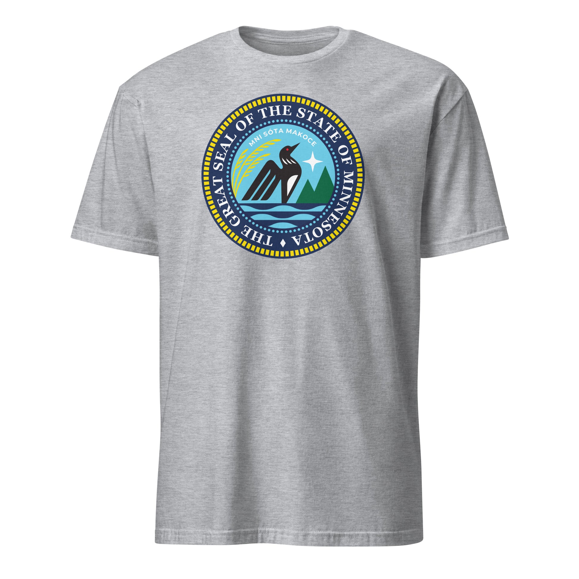 Grey T-shirt featuring the 2024 redesigned Minnesota State Seal with a loon, wild rice, and the North Star.