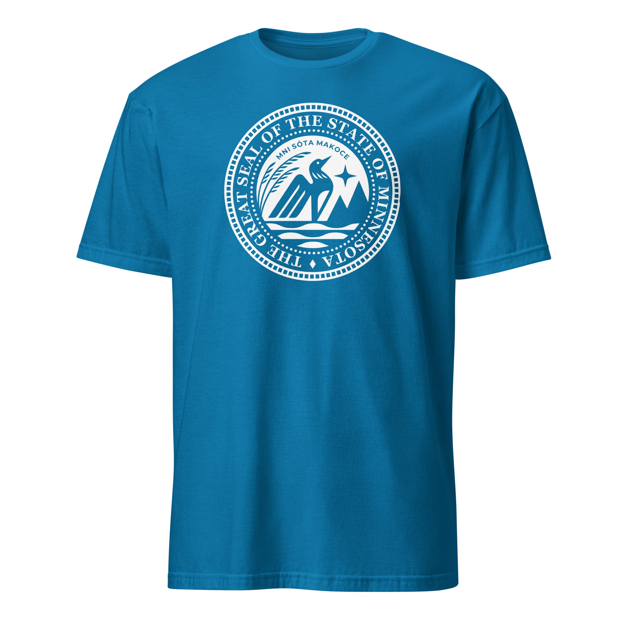 Sapphire T-shirt featuring the 2024 redesigned Minnesota State Seal with a loon, wild rice, and the North Star.