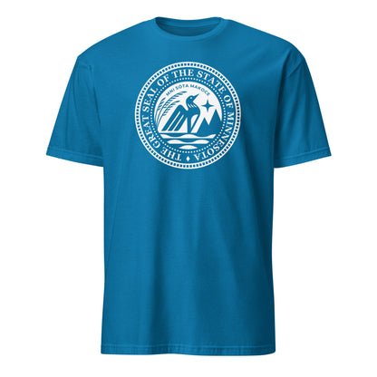 Sapphire T-shirt featuring the 2024 redesigned Minnesota State Seal with a loon, wild rice, and the North Star.