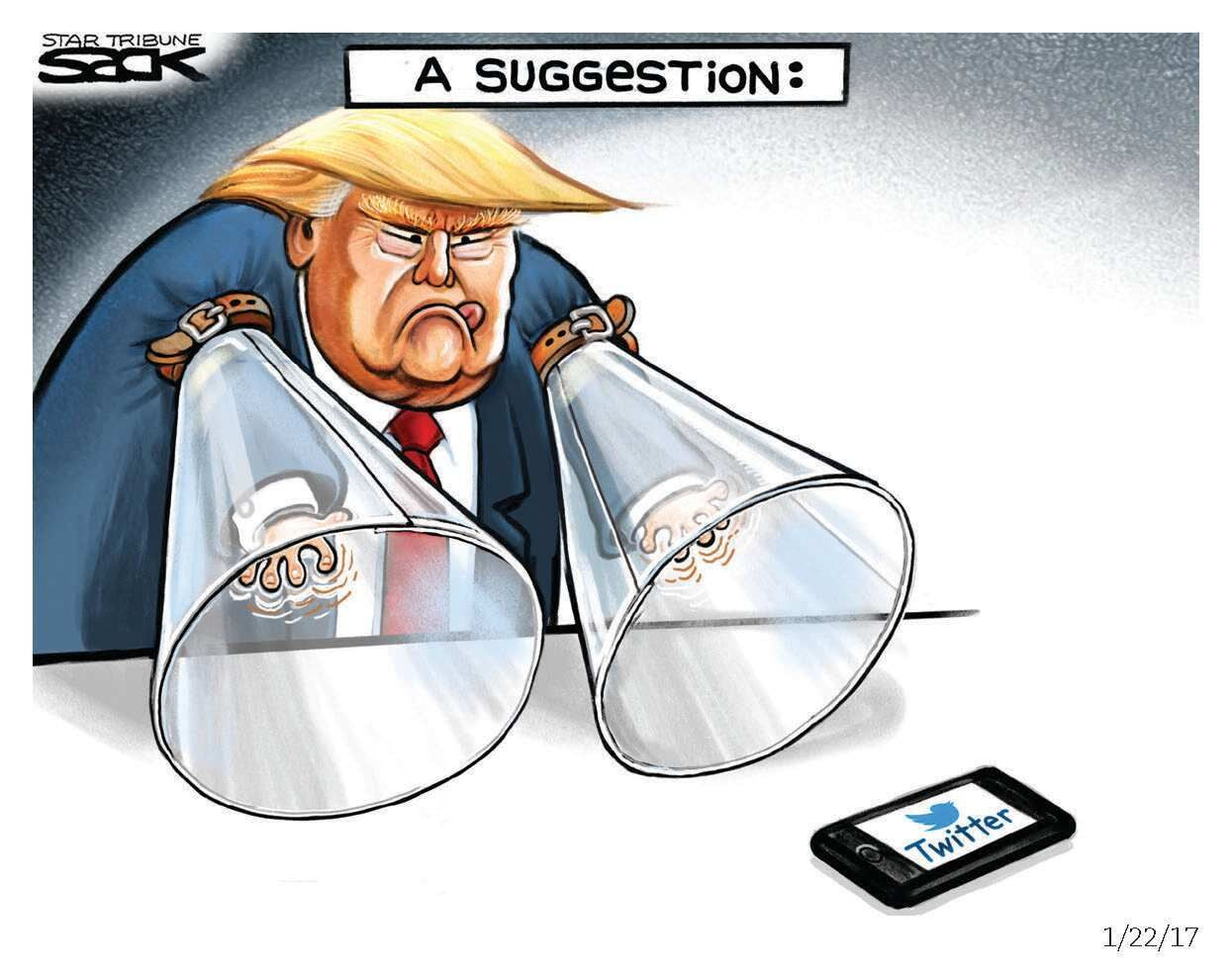 Steve Sack political cartoon from "The First and Only Book of Sack 2.0" showing Donald Trump wearing "cone of shame" collars on his arms preventing him from using Twitter on his smartphone.