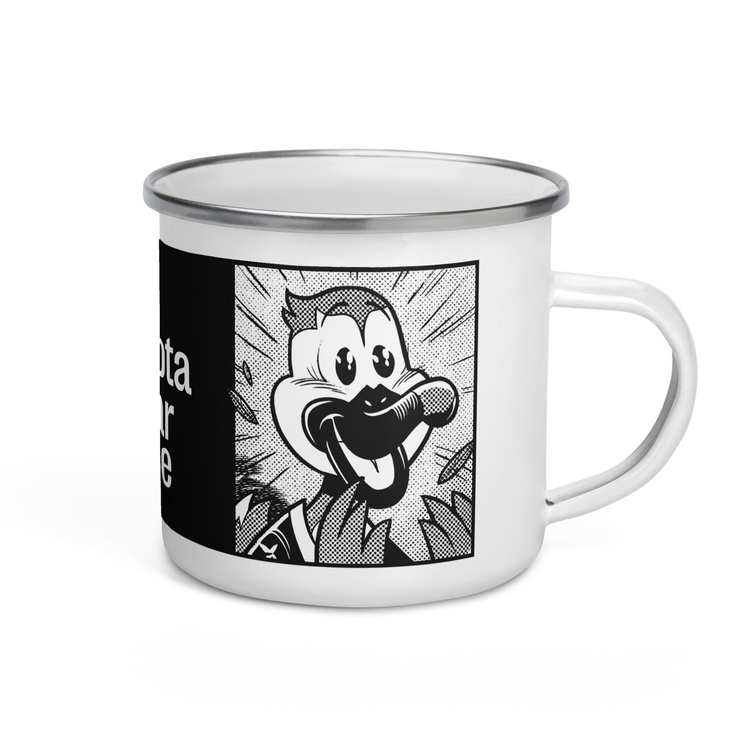 White enamel mug with a silver rim, featuring a black-and-white line drawing of Stribby the Gray Duck, the Minnesota Star Tribune mascot.