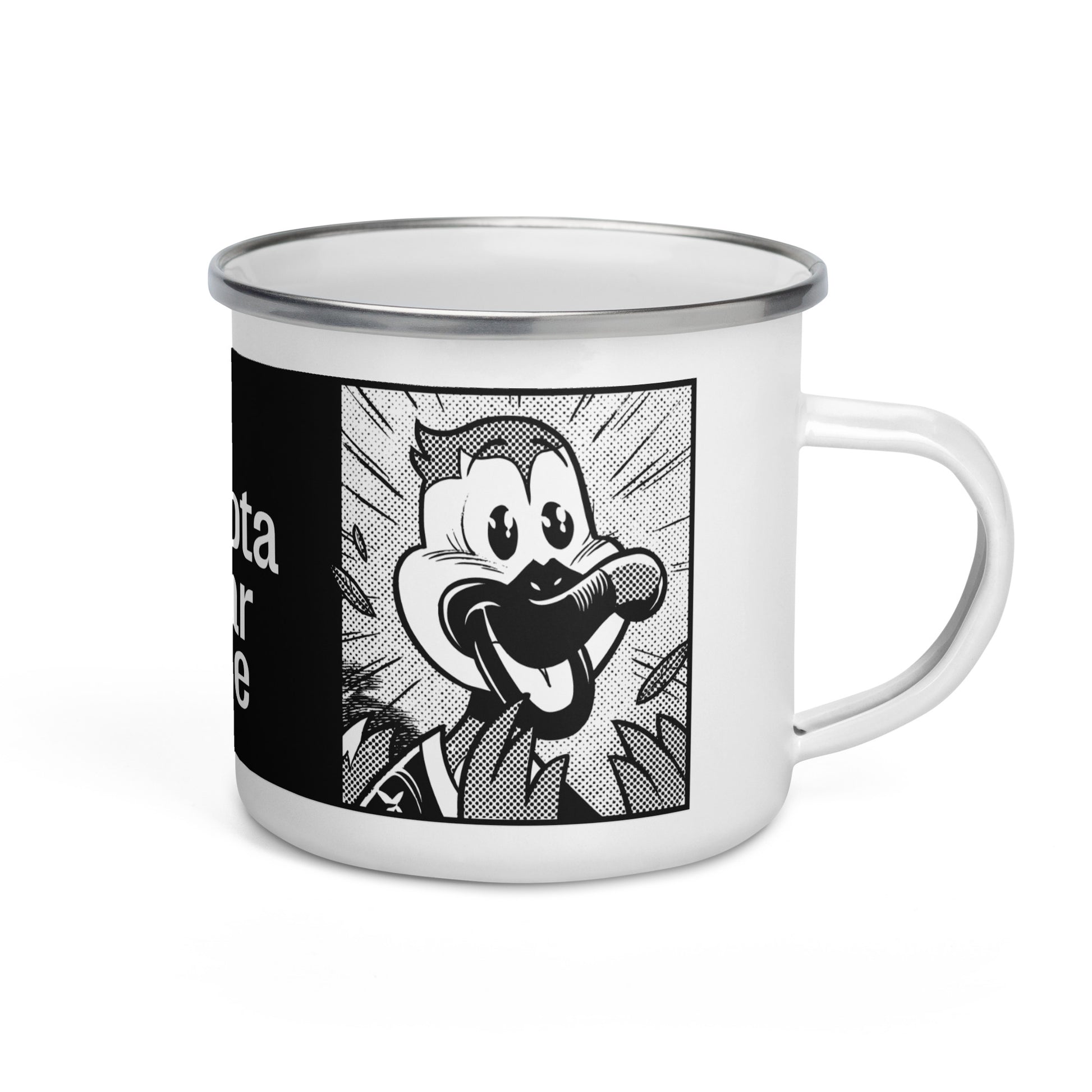 White enamel mug with a silver rim, featuring a black-and-white line drawing of Stribby the Gray Duck, the Minnesota Star Tribune mascot.