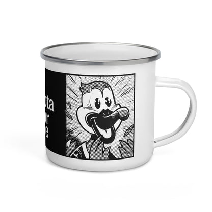 White enamel mug with a silver rim, featuring a black-and-white line drawing of Stribby the Gray Duck, the Minnesota Star Tribune mascot.