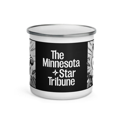 White enamel mug with a silver rim, featuring a white Minnesota Star Tribune logo on a black background.
