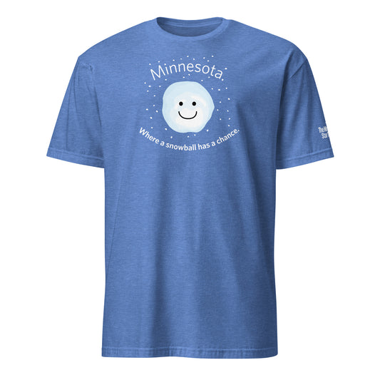 Heather blue t-shirt with a snowball graphic and text that reads 'Minnesota - Where a snowball has a chance'.